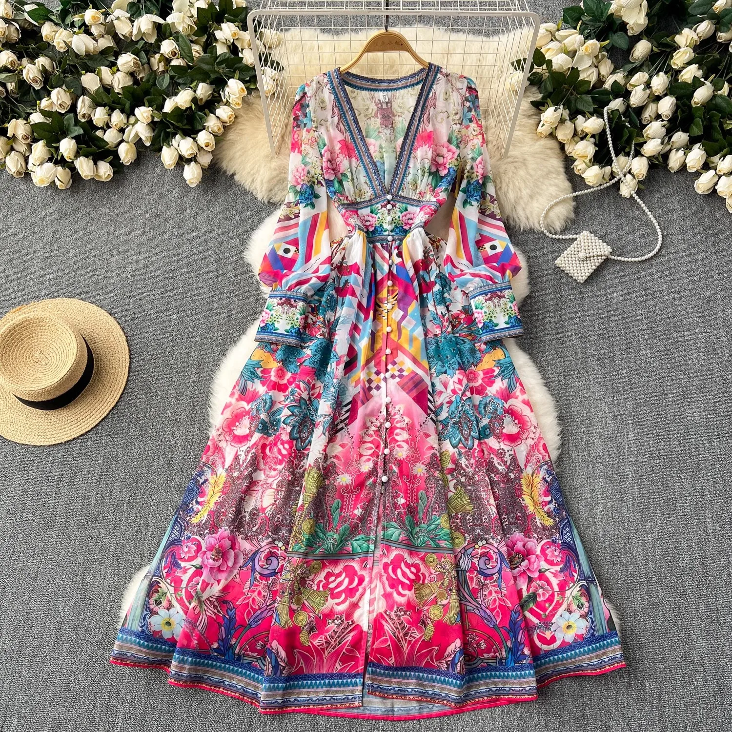 

Summer Bohemain Gorgeous Flower Maxi Dress Women's V-Neck Lantern Sleeve Floral Print Holdiay Long Chiffon Robe Vestidos 2497