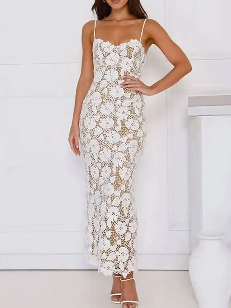 HH 2025 feminino primavera festa sexy suspender midi vestido sem mangas fino ajuste volta fenda renda oco cinta design vestido vintage