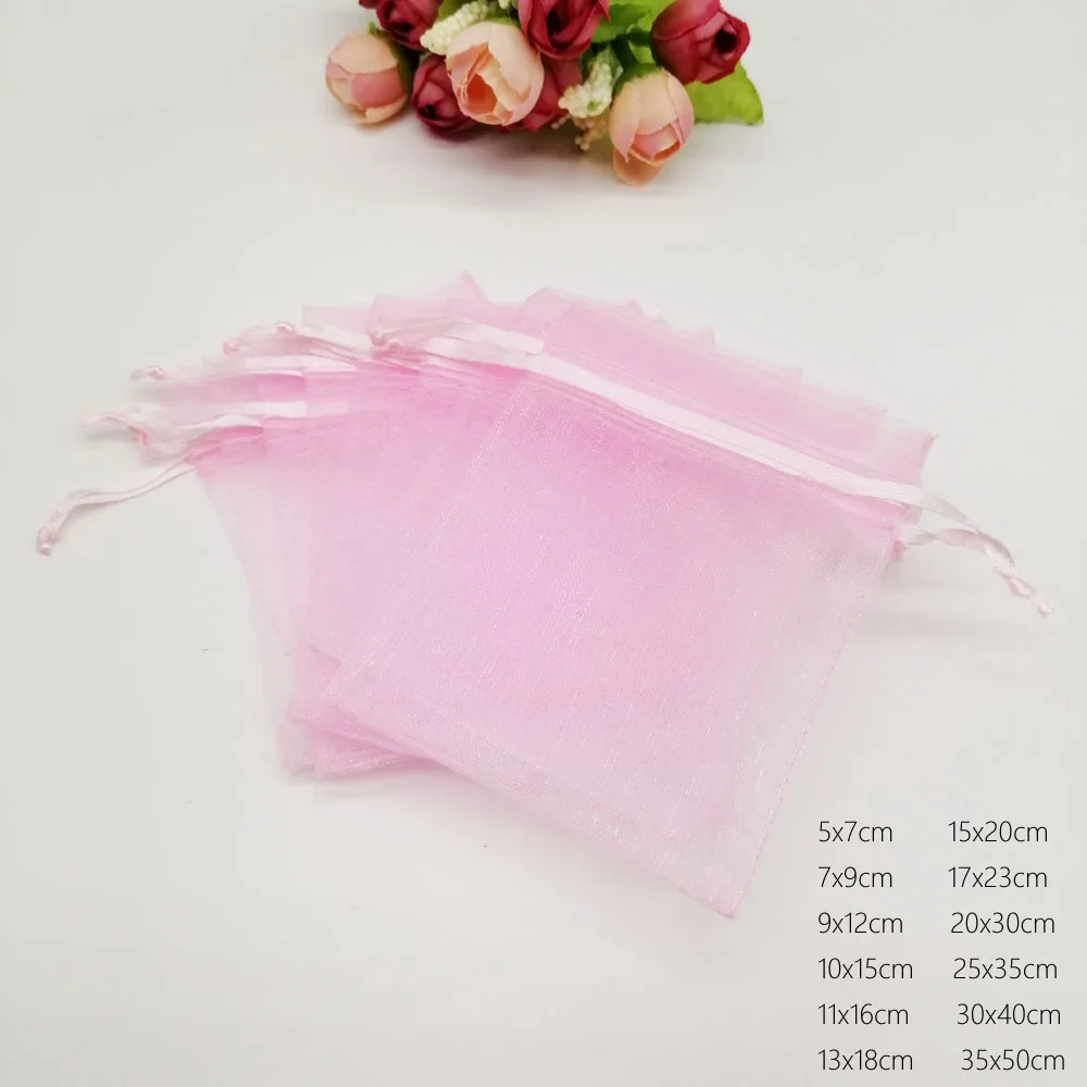 1000pcs Luxury Displays Organza Drawstring Gift Bags Pink Sachet Pouches Packaging Christmas Party Favors Wedding Jewelry Diy