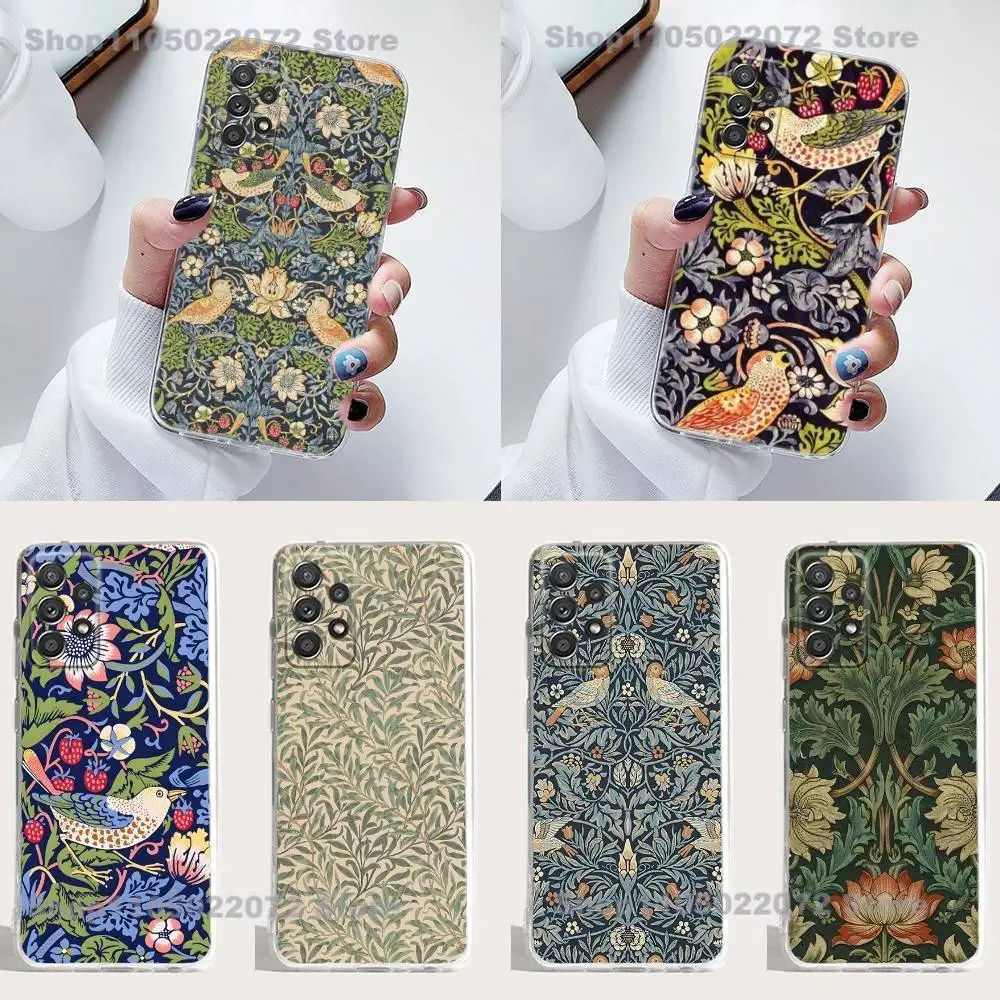 

William Morris Strawberry Thief Phone Case Silicone For Samsung S23,21,22,20 FE lite,S10,9,PIus,A70,Soft Transparent