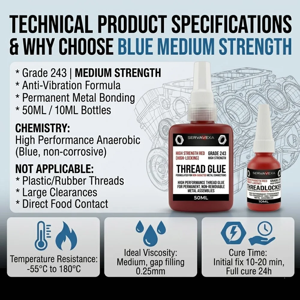 SERVAVEXA 243 Threadlocker High Strength Red Thread Glue for Metal Bolt Nut Locking Permanent Anaerobic Adhesive 10ml 50ml