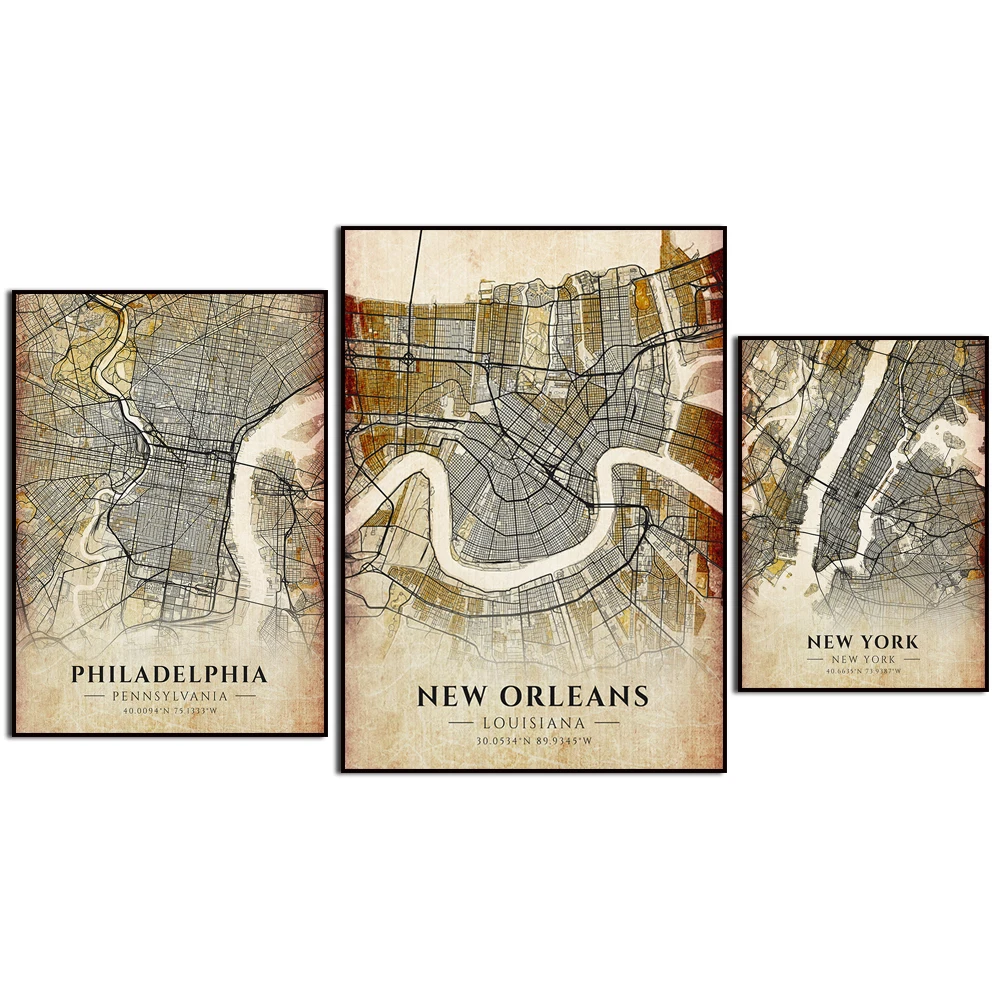 Santa Fe Pittsburgh New York New Orleans Philadelphia Miami Camden Ancient Milwaukee Boston Nashville. City Map Canvas Painting
