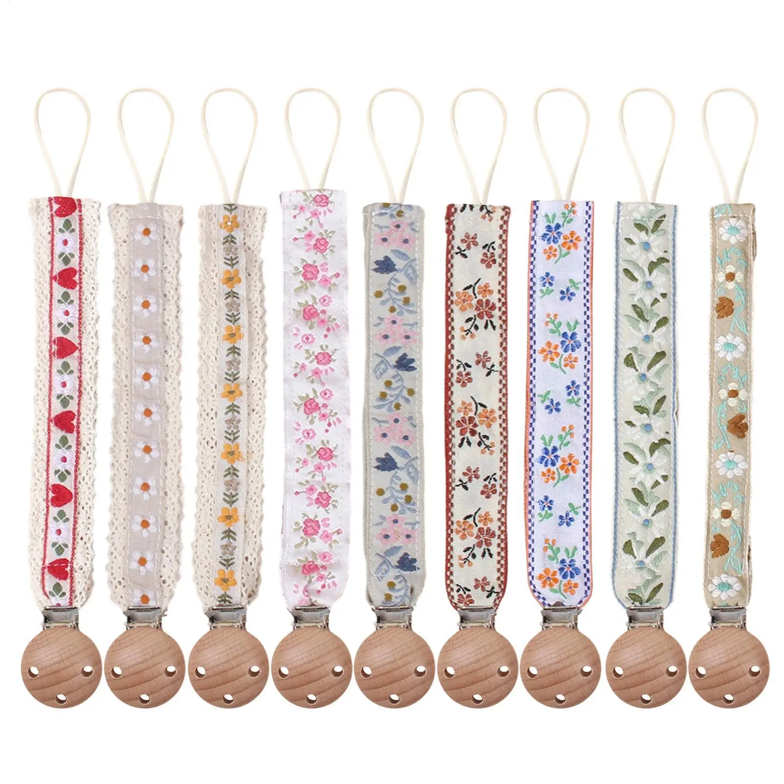 Heart Daisy Printed Baby Pacifier Chain Anti-drop Children Beech Wooden Pacifier Clips Kids Nipple Bracket Holder Accessories