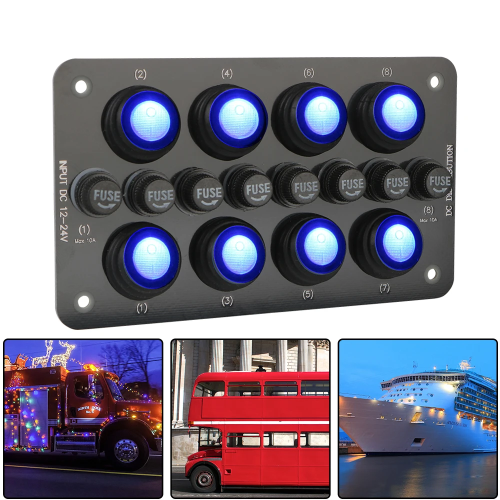 Waterproof 12~24V Circuit Breaker 8Gang On/off Blue LED Light Button Rocker Toggle Switch Panel Replaceable Fuse Holder