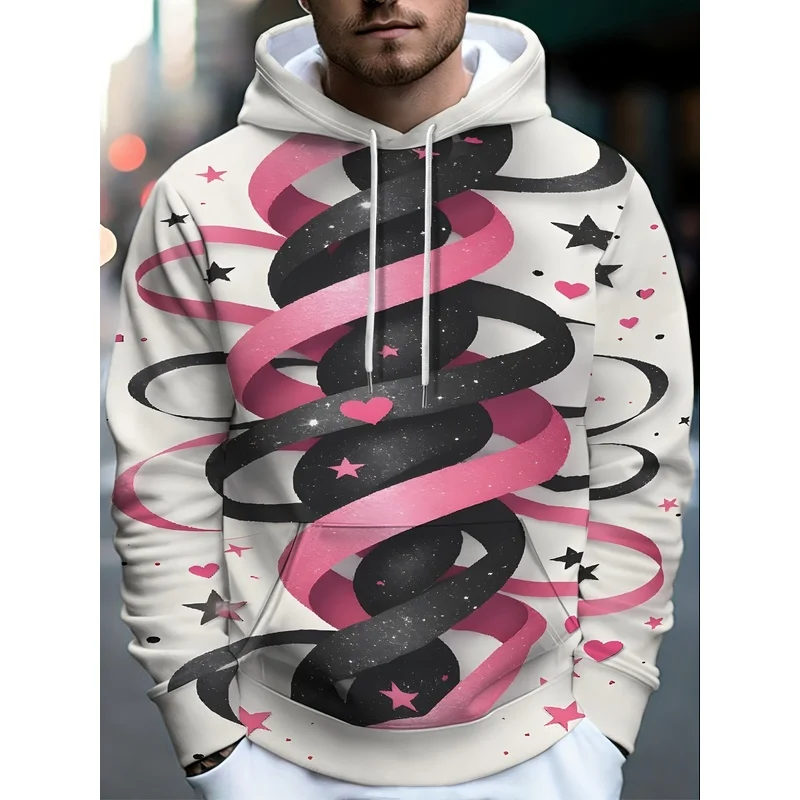 New Men's Fashion Long Sleeve Hoodie All Over Print Spiral Star Black Pink Red Drawstring Pocket Bright Contrast Top