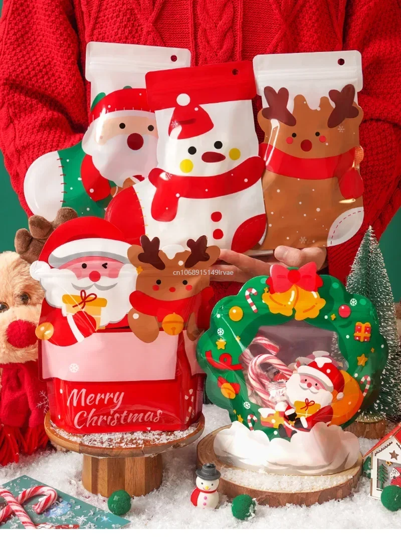 

50/10PCS Christmas Gifts Ziplock Packaging Bag Resealable Xmas Socks Snack Sugar Candy Cookies Elk Child Present Decor Pouches