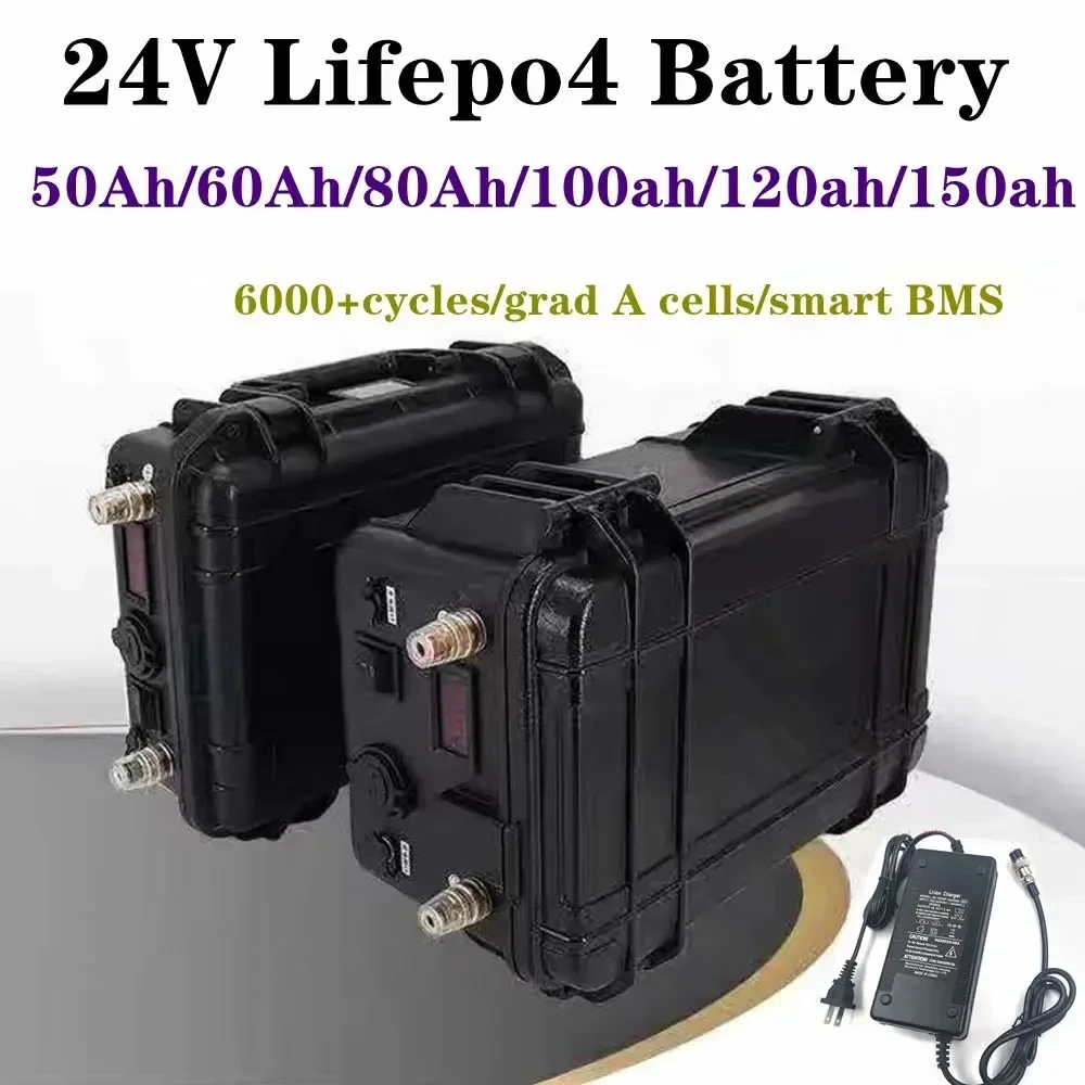 24V 50Ah 60Ah 80Ah 100Ah 120Ah 150Ah Lifepo4 battery for trolling motor boat back up power+10A Charger