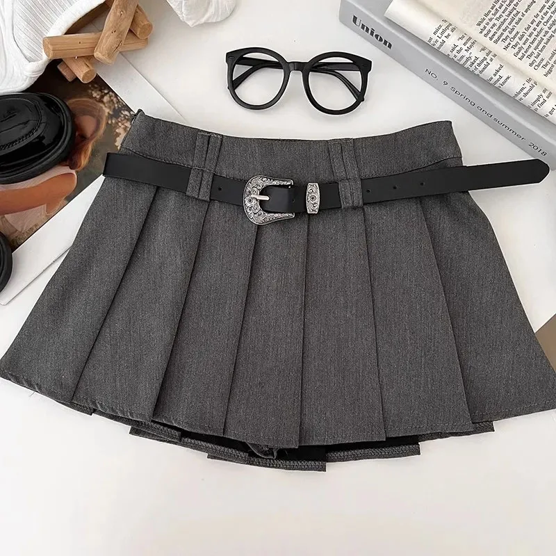 Y2K Black with Belt Pleated Skirts Women Summer High Waist All-Match A-Line Skirts Harajuku Preppy Casual Mini Skirts New