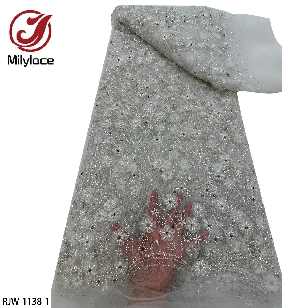 

Luxury African Heavy Bead Lace Fabric High Quality Nigerian Sequins French Tulle Fabric for Wedding Party RJW-1138