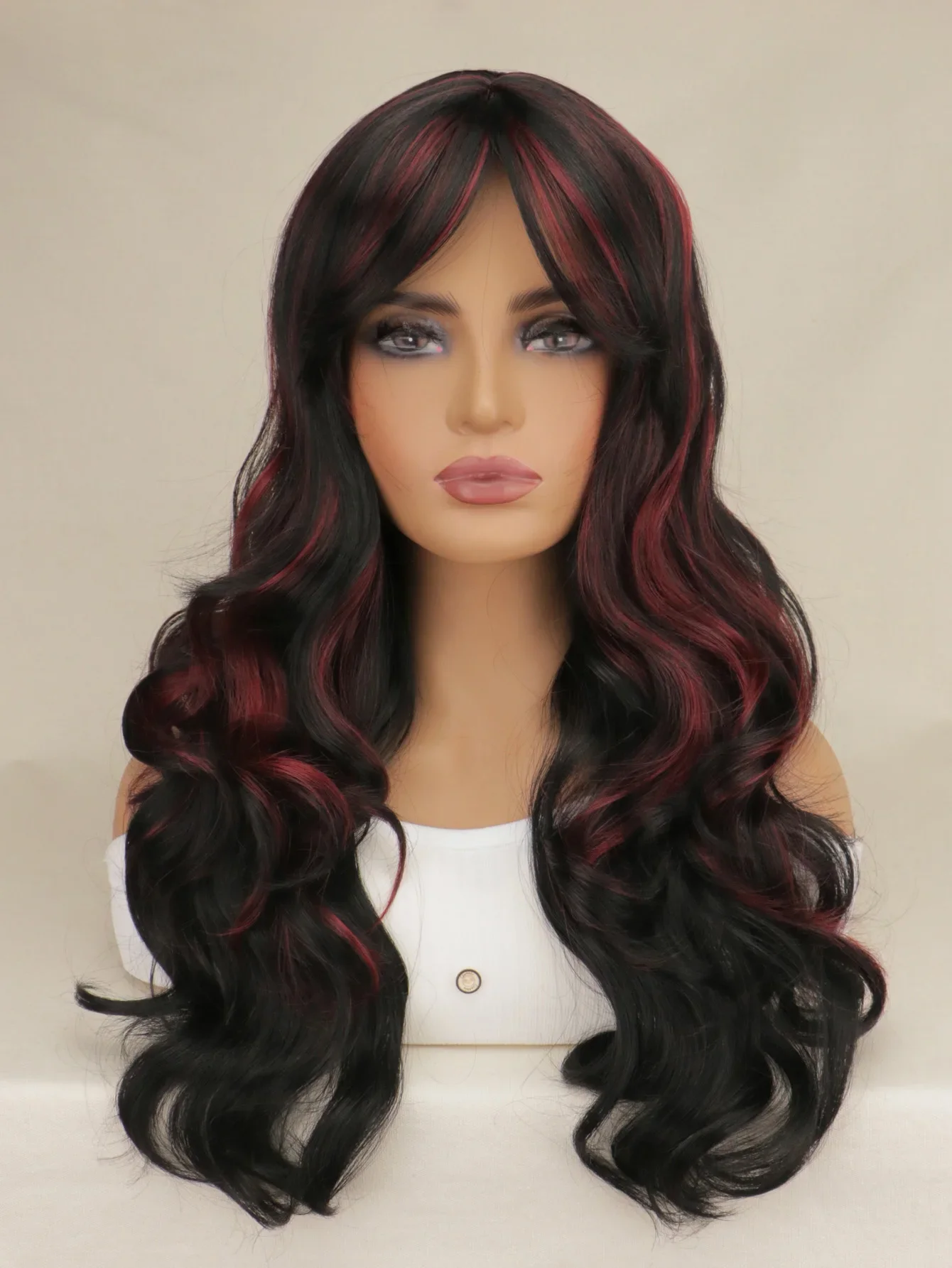 

Synthetic Long Hair Wavy Red Black Wigs Party Cosplay Costume Halloween Wig Resistant Fiber Hair for Women 24 Inch