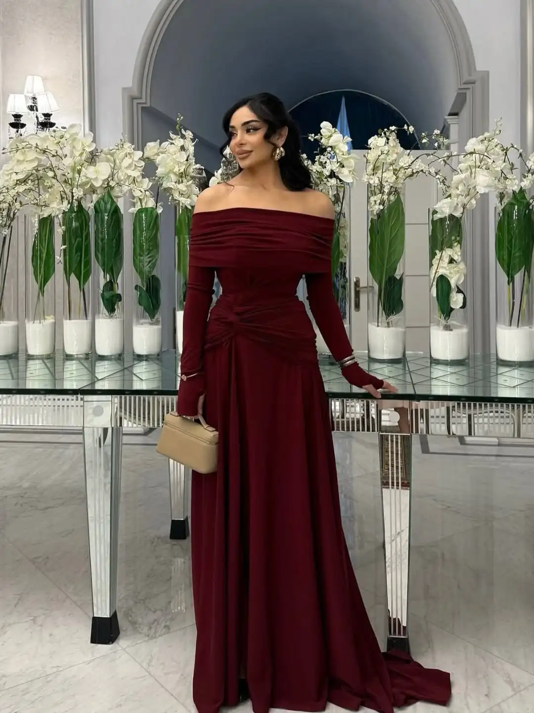 Custom Burgundy Evening Dress V-Neck A-Line Satin Prom Gown