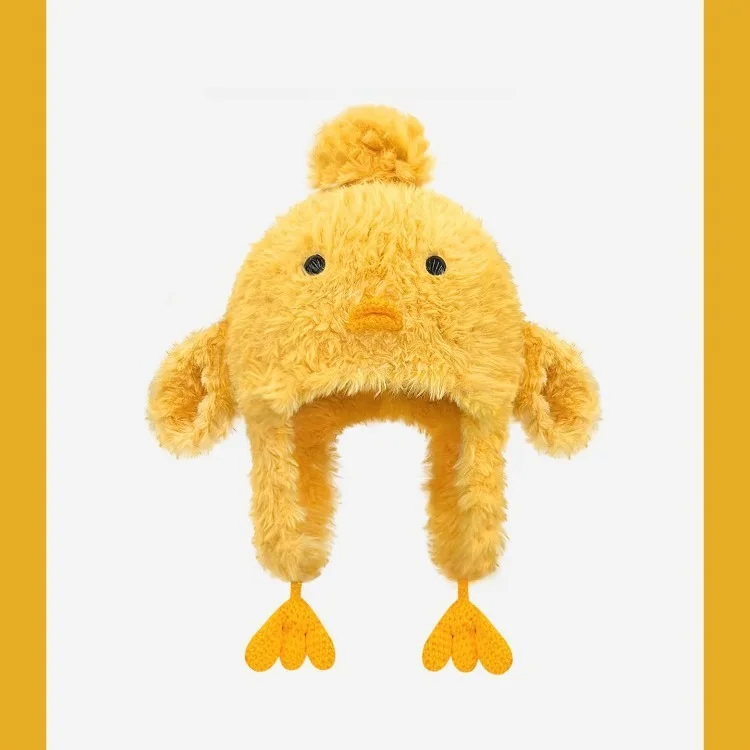 Cute Fluffy Chick Earmuff Hat for Women Girls Winter Warm Knitted Beanie Pullover Headwear