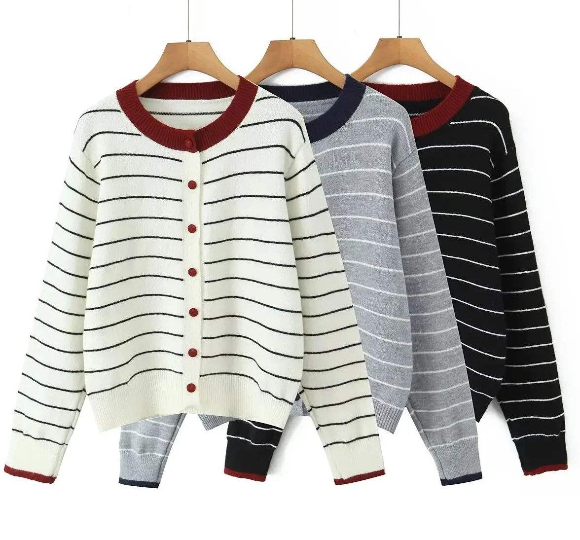 

Женская мода в европейском и американском стиле, осенний новый многоцветный полосатый свитер, кардиган, куртка с длинными рукавами в стиле ретро