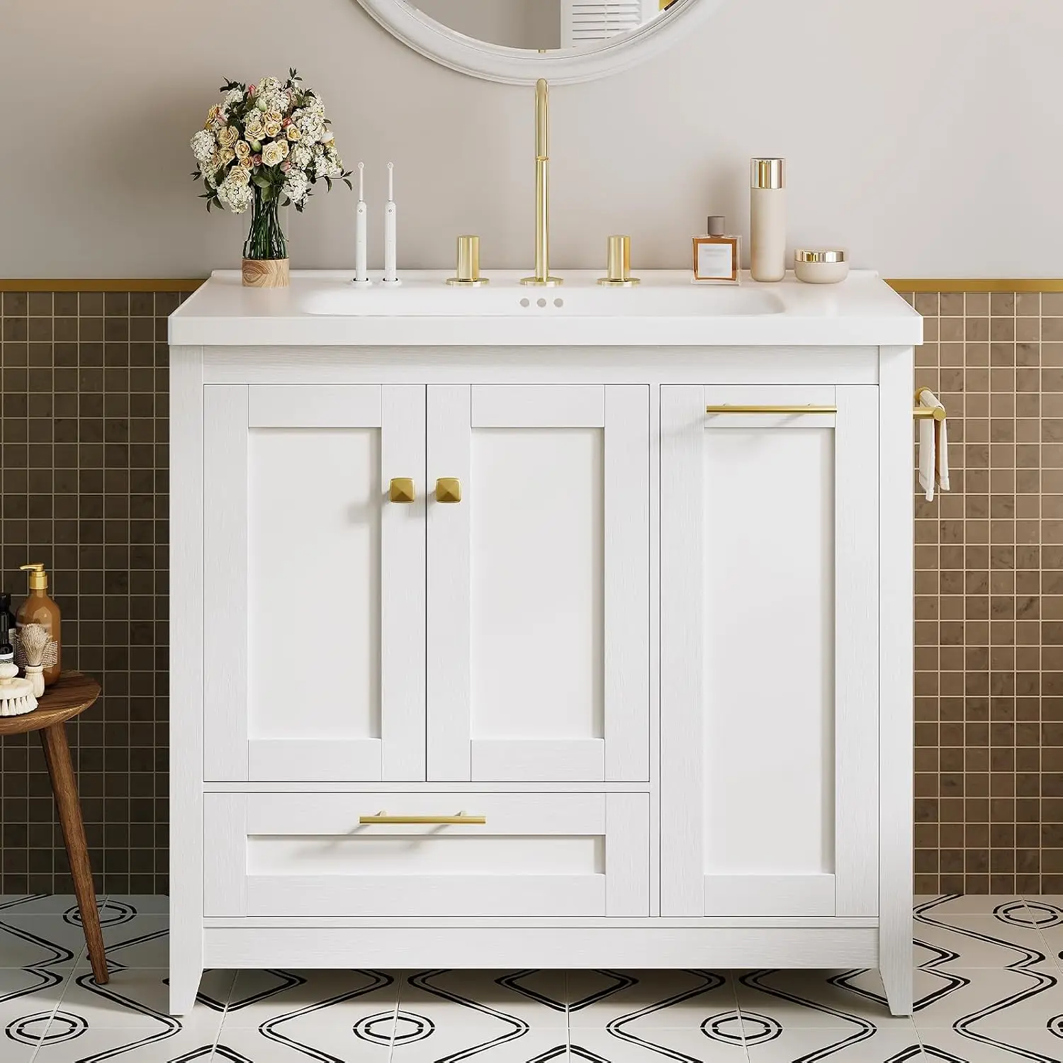 36 Inch Bathroom Vanity with Sink Freestanding Cabinet Drawer Tilt-Out Laundry Hamper White, Customized