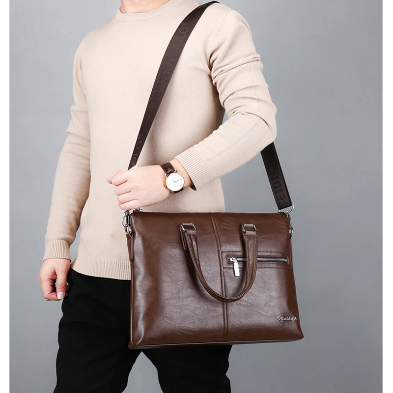 กระเป๋าเอกสารหนัง PU สำหรับผู้ชาย กระเป๋าถือธุรกิจ กระเป๋าสะพายข้างใส่แล็ปท็อป ทรงสี่เหลี่ยม พกพาสะดวก กระเป๋าถือแบบสะพายข้าง