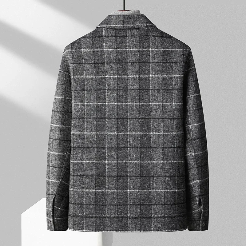 

England Style Men Elegant Gray White Plaid Cashmere Blend Coats Turn Down Collar Single Breasted Woolen Tweed Jackets Outfits