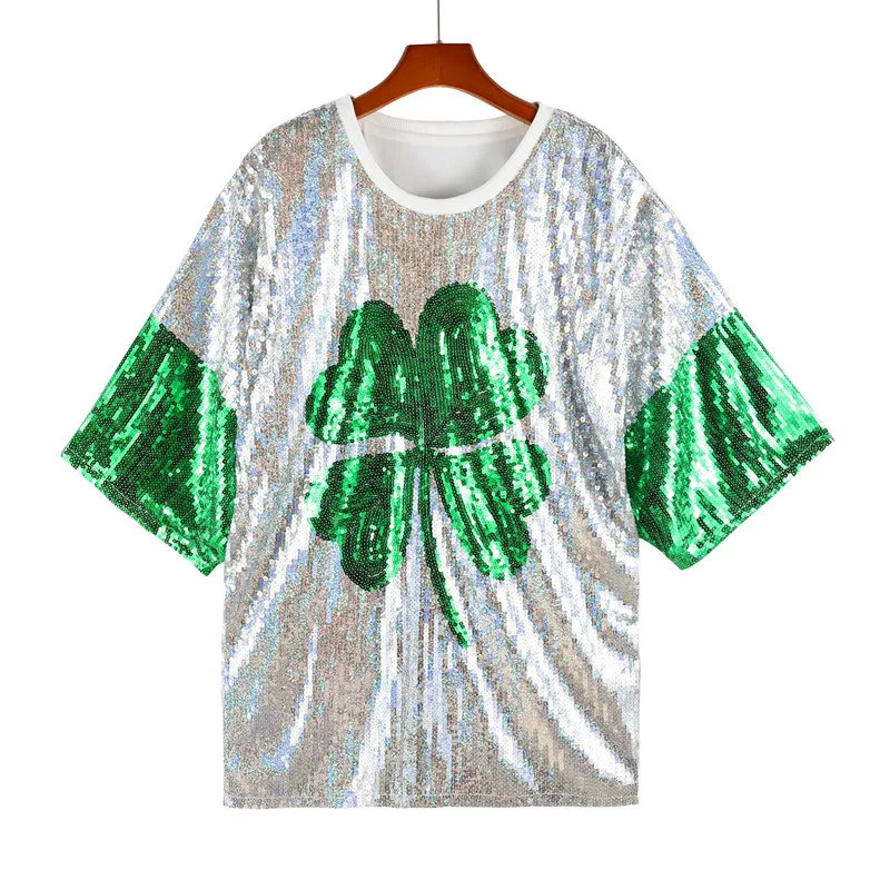 Summer New Fashion Sequined Women Lucky Grass Print Tops Simple Round Neck Lady Short Sleeved T-shirt