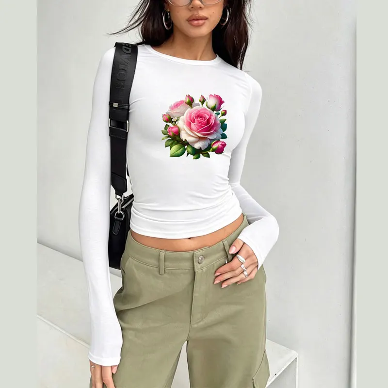 Romantic Rose Print Spring Autumn Women T-Shirt Causal Long Sleeve Crop Tops O Neck Pullovers Tees Slim Fit T Shirt