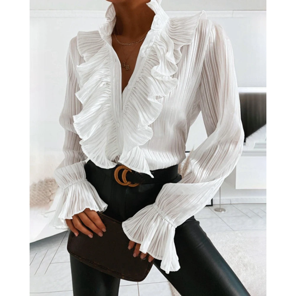 

Women Casual Flare Sleeve Ruffle Buttoned Shirts & Blouses y2k Tops Femme Elegant Spring Shirts for Women Outfit White Tops