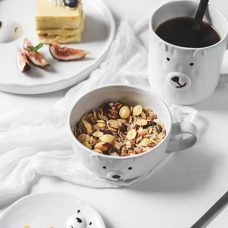 Cute Animal Bowl Cake Dish Large Salad Soup Pasta Bowl Coffee Mug Milk Cup Ceramic White Dinner Plates Set Cute Dishes Set Korea