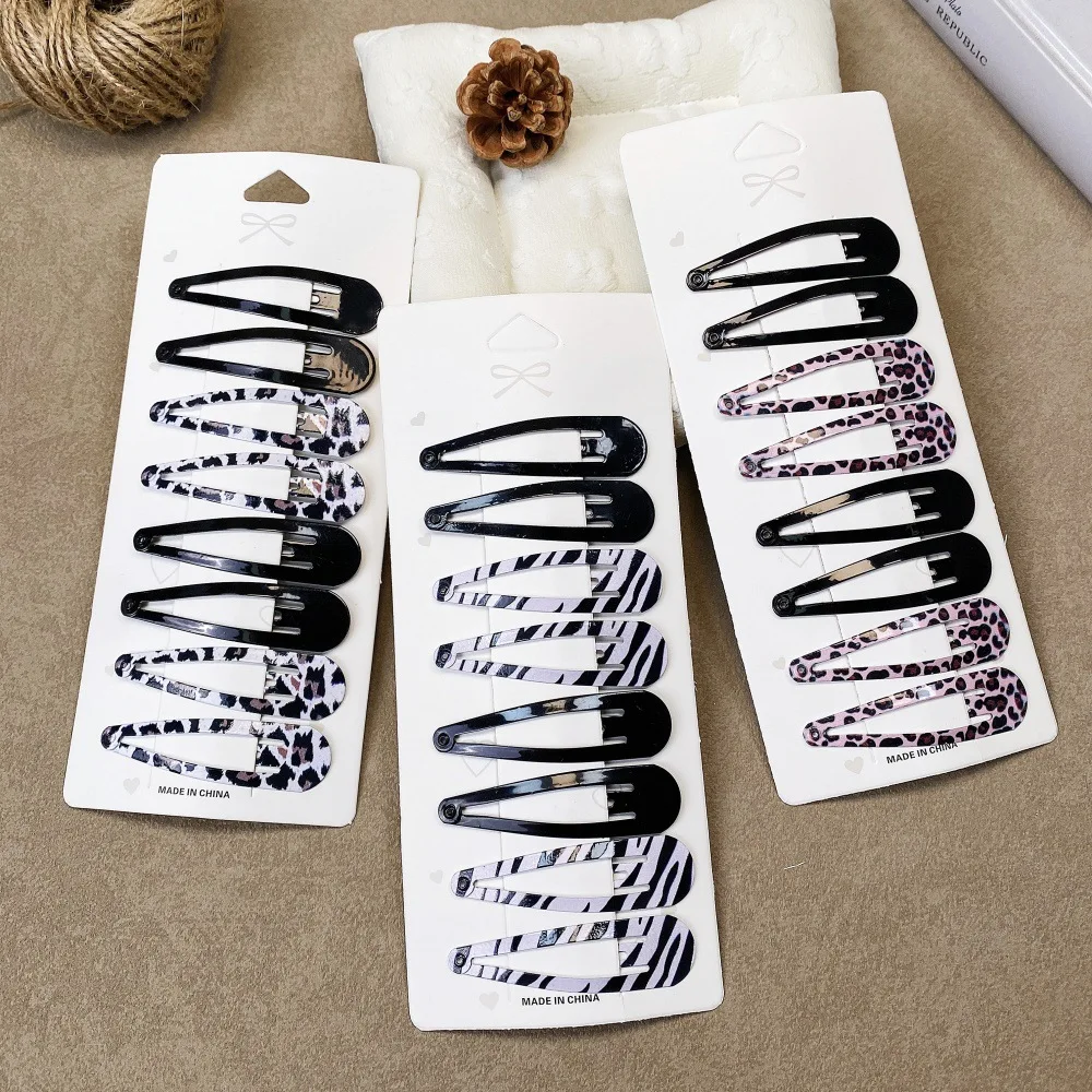 8Pcs Y2K Leopard Hair Clips Animal Pattern Metal Snap Hairpins Black Water-drop Side Clips for Thin & Thick Hair Accessories