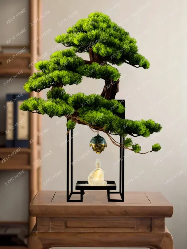 New Chinese Style Artificial Greeting Pine Decoration Living Room Zen Hotel Entrance Greenery Bonsai Fake Trees Decoration