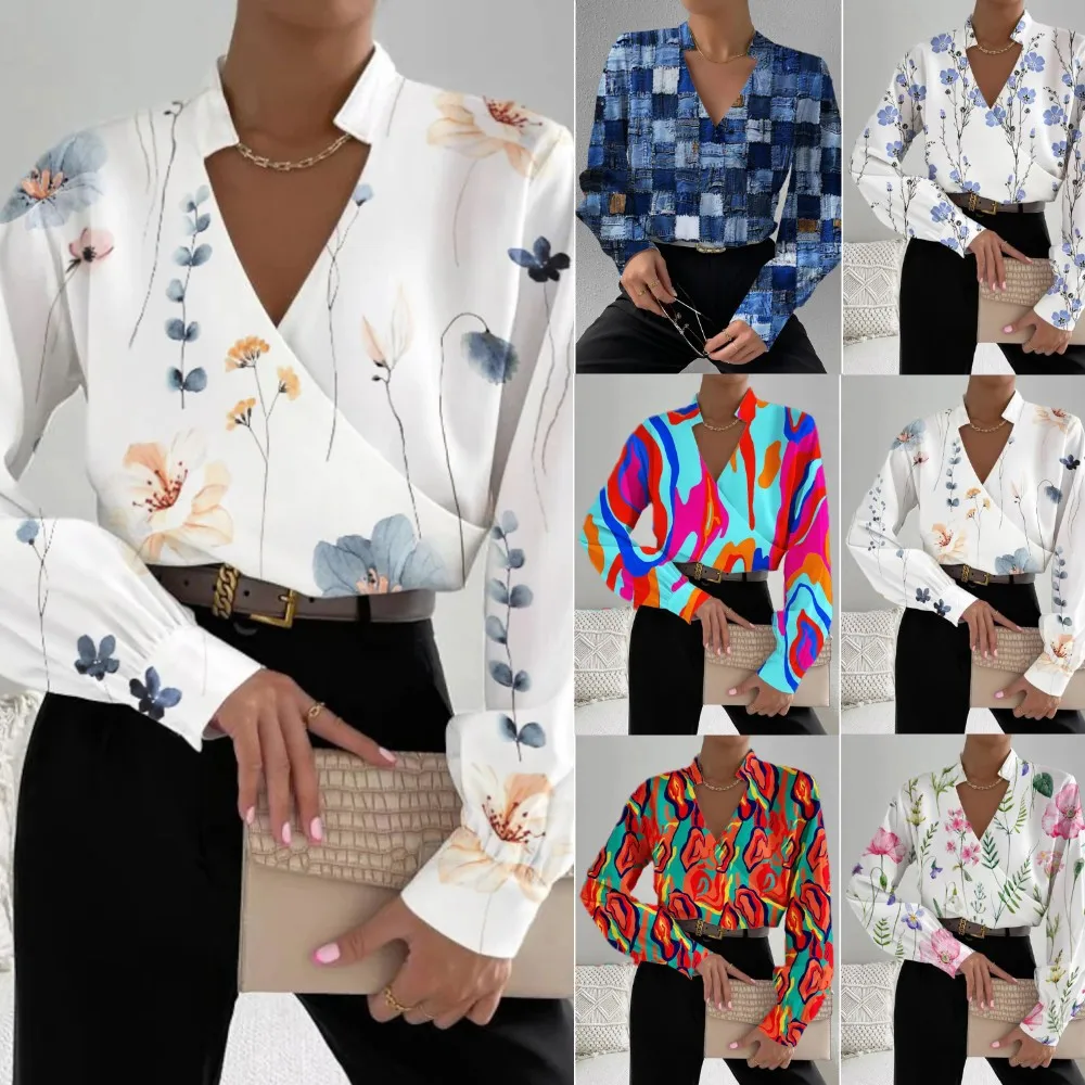 Women's Printed Long Sleeved V-neck Patchwork Regulai Fit Shirt for Autumn 2024