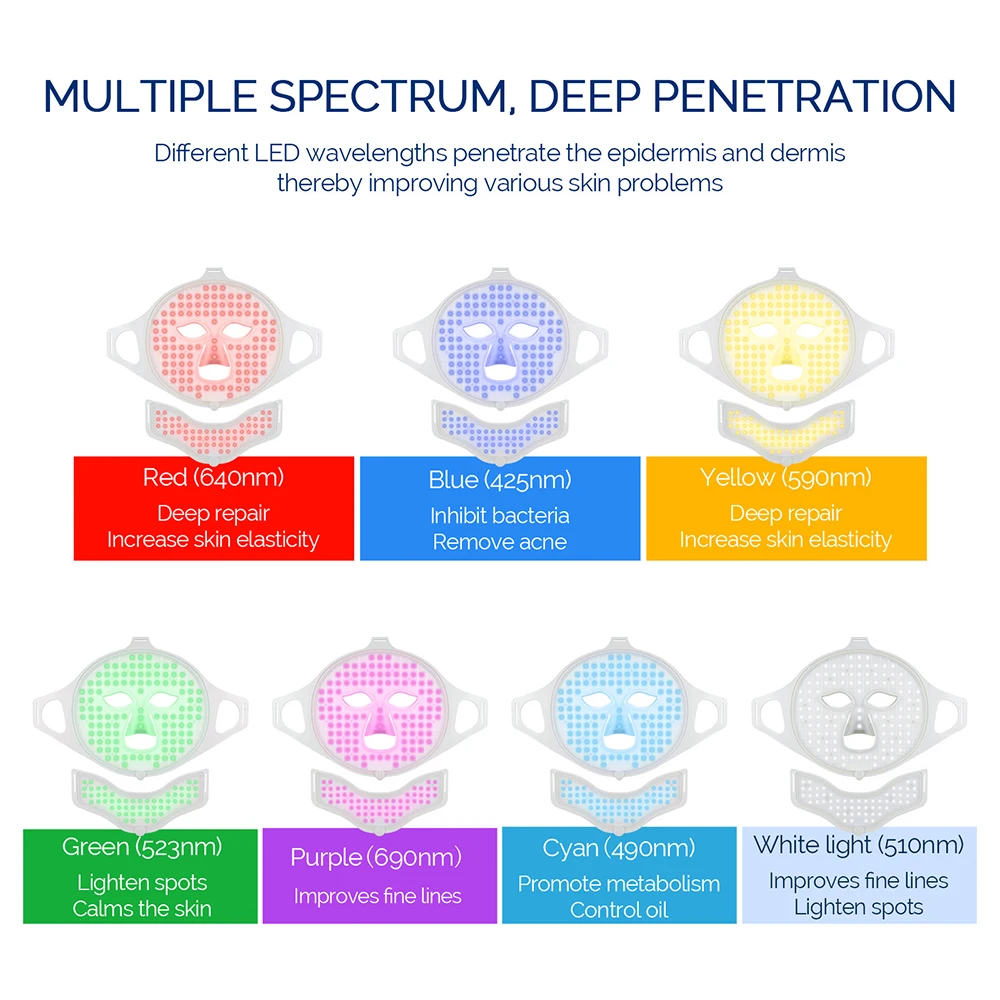 Silicone led máscara facial 7 cores fóton beleza rosto pescoço máscara de cuidados clareamento da pele rejuvenescimento da pele rímel facial led