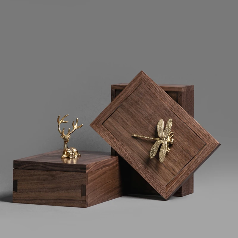 

Desktop Storage Box Black Walnut Mortise And Tenon Structure Decorative Box with Bronze Deer Dragonfly Retro Style Organizer