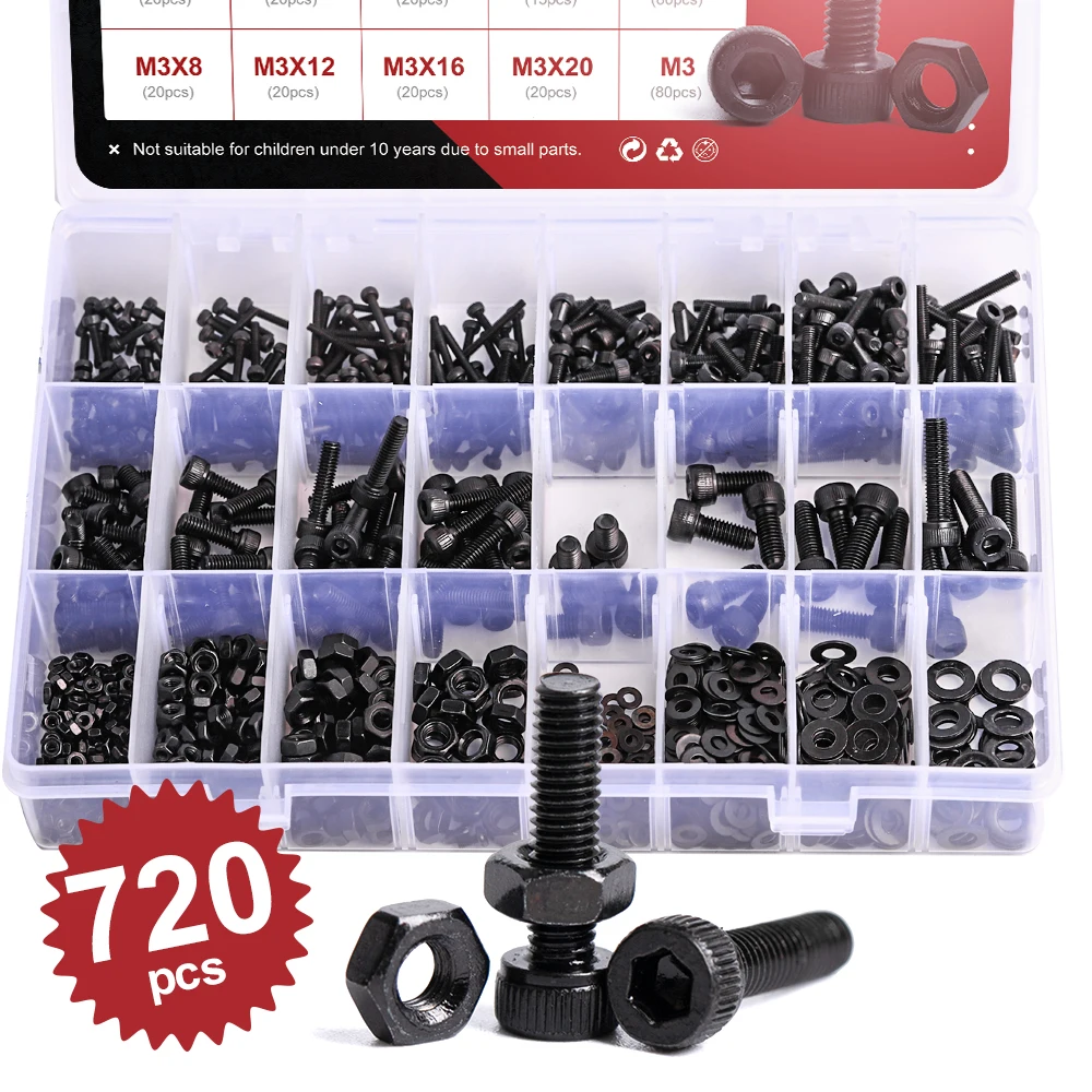 Hex Socket Head Cap Screws Assortment Kit 260/720 Pcs Grade 12.9 M2 M3 M4 M5 Alloy Steel Black Bolts Nuts and Lock Washers Kit