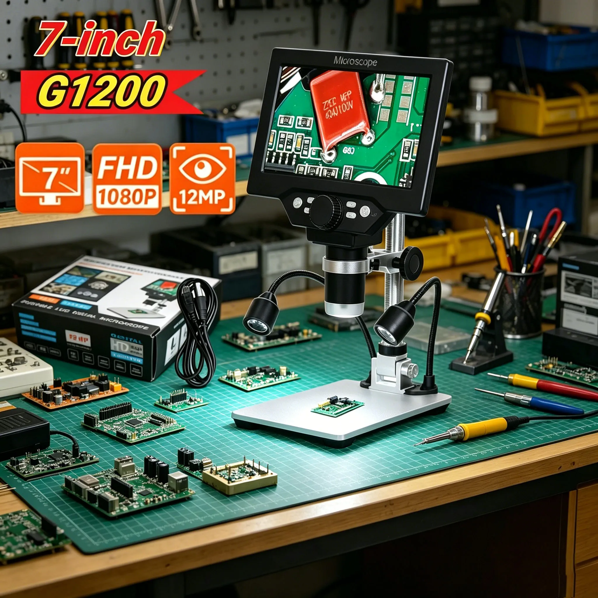 Microscópio Digital 1200X 12MP, Microscópios Eletrônicos com Tela LCD HD de 7 Polegadas, Lupa para Reparo de Telefone, Suporte Metálico para Visualização no PC