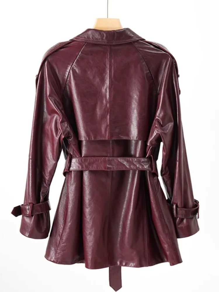 Genuine Leather Coat Office Ladies High Quality Windbreakers High Waist Retro Casual Women Oil Wax Sheepskin Medium Long Jacket