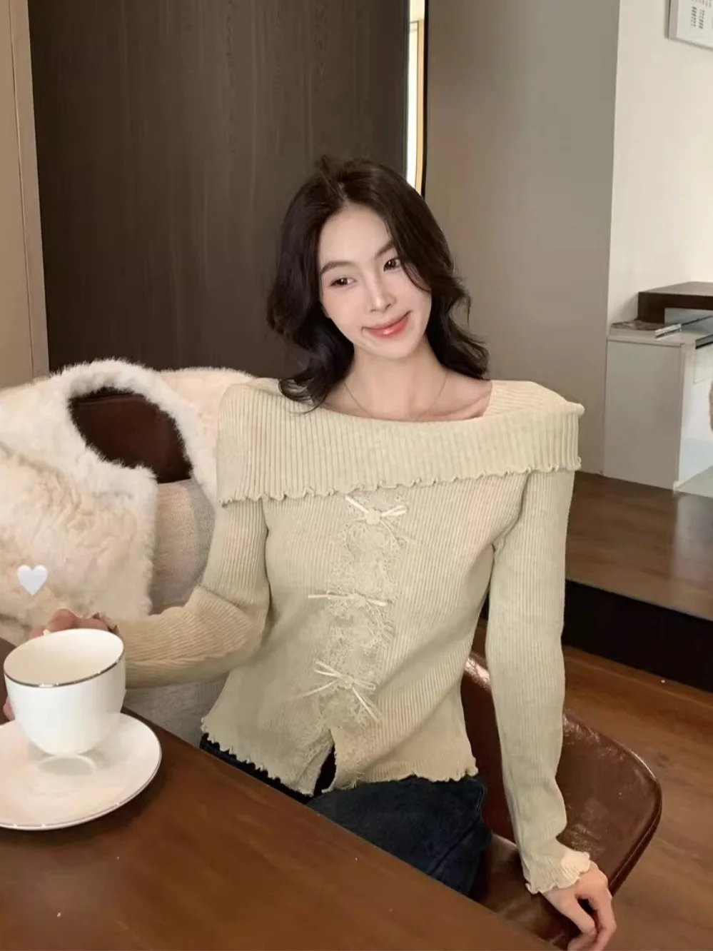 

French Sle Lace Splice Knot Knitted Top Women's Long Sve One oulder Spring Faion Wooden Ear Inner Wear Bas...