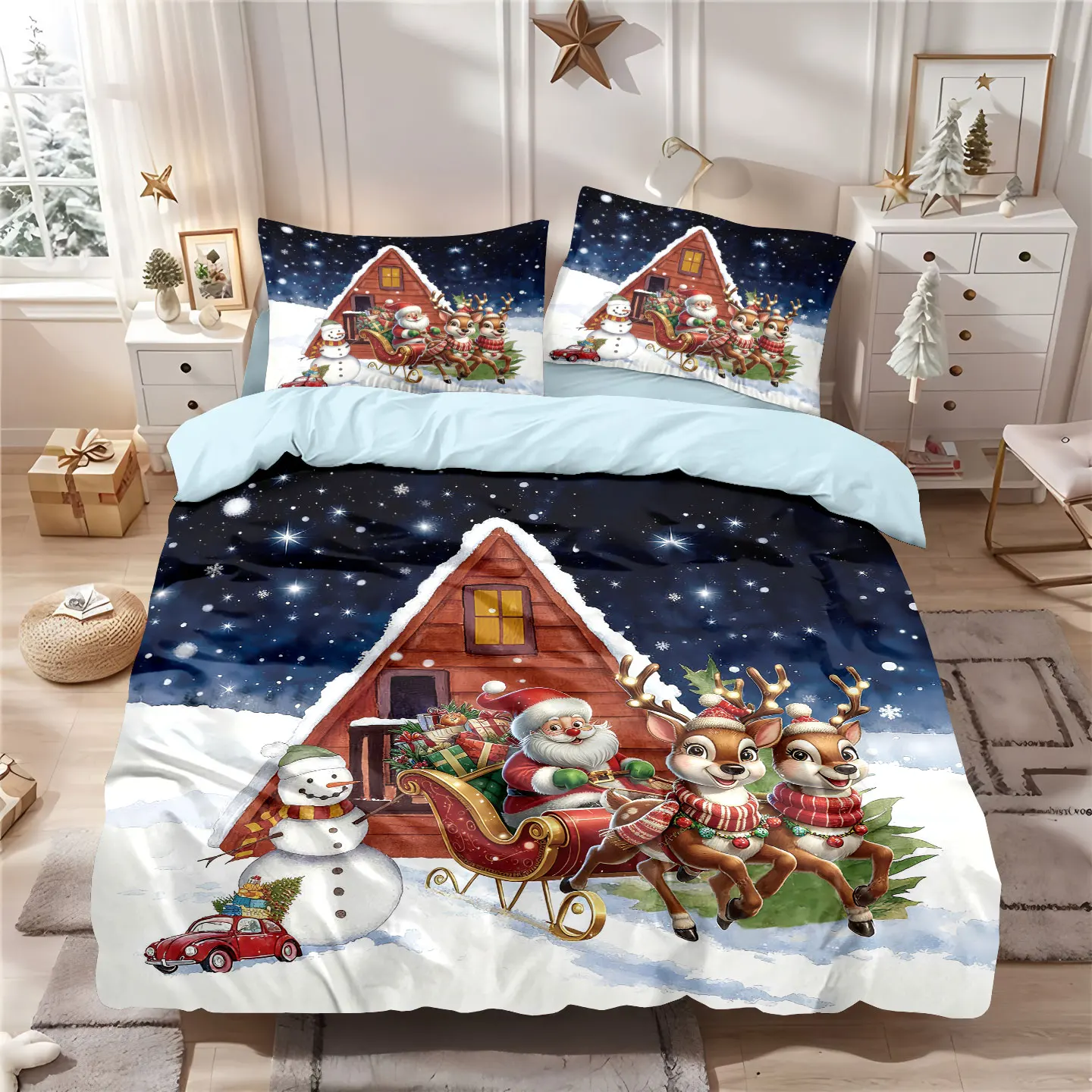 

3pc Christmas house print coreless duvet set multi size bedroom holiday dormitory bedding decoration softmachine washable