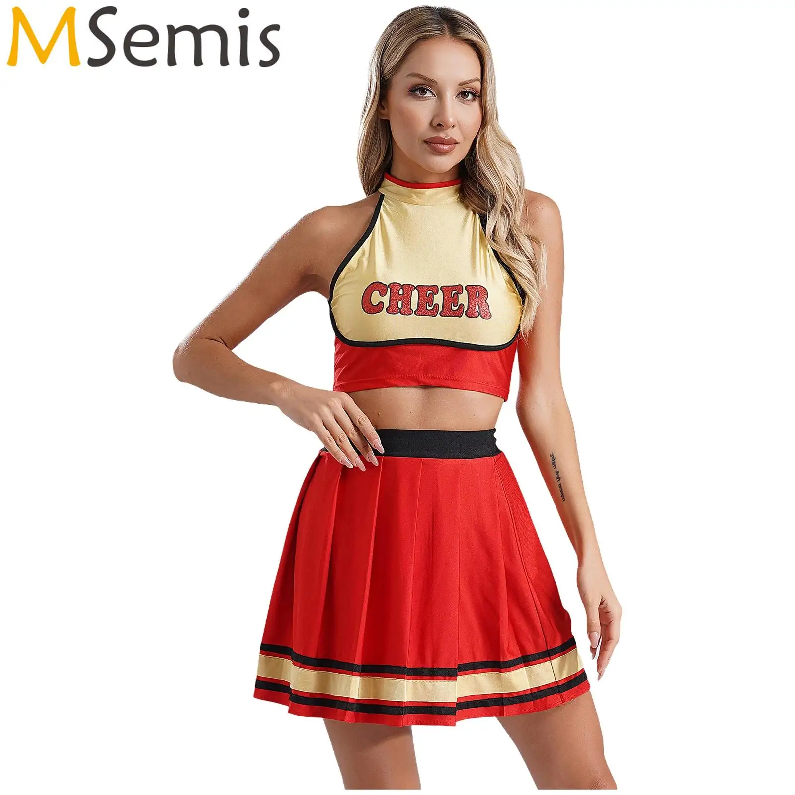 

Womens Cheerleading Uniform Schoolgirl Cosplay Dance Costume Sleeveless Letter Print Crop Top And Pleated Skating Mini Skirt