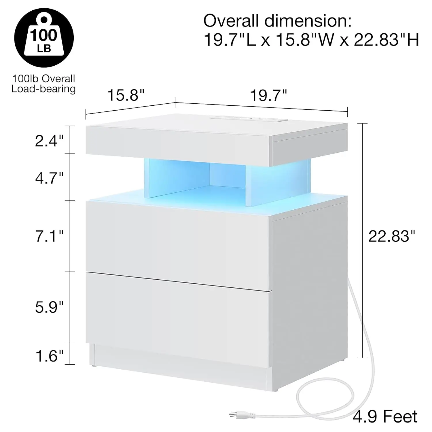LED Nightstand Set of 2 with Wireless Charging & USB, High Gloss Table with Adjustable LED, 2 Drawers Bedroom, Customized