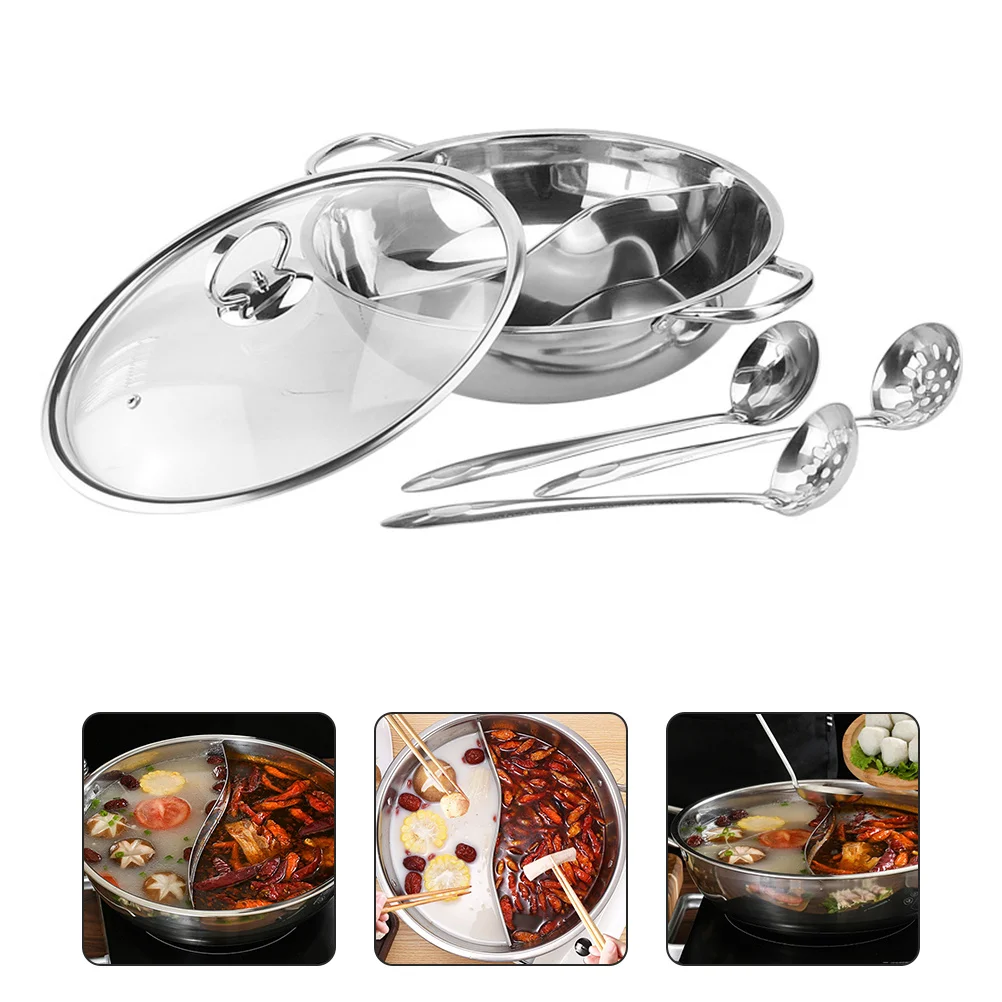 

1 Set Stainless Steel Double Flavor Hot Large Capacity For Gas Induction Stoves Non-Slip Handle Kitchen Cooking Dual Soup Pot