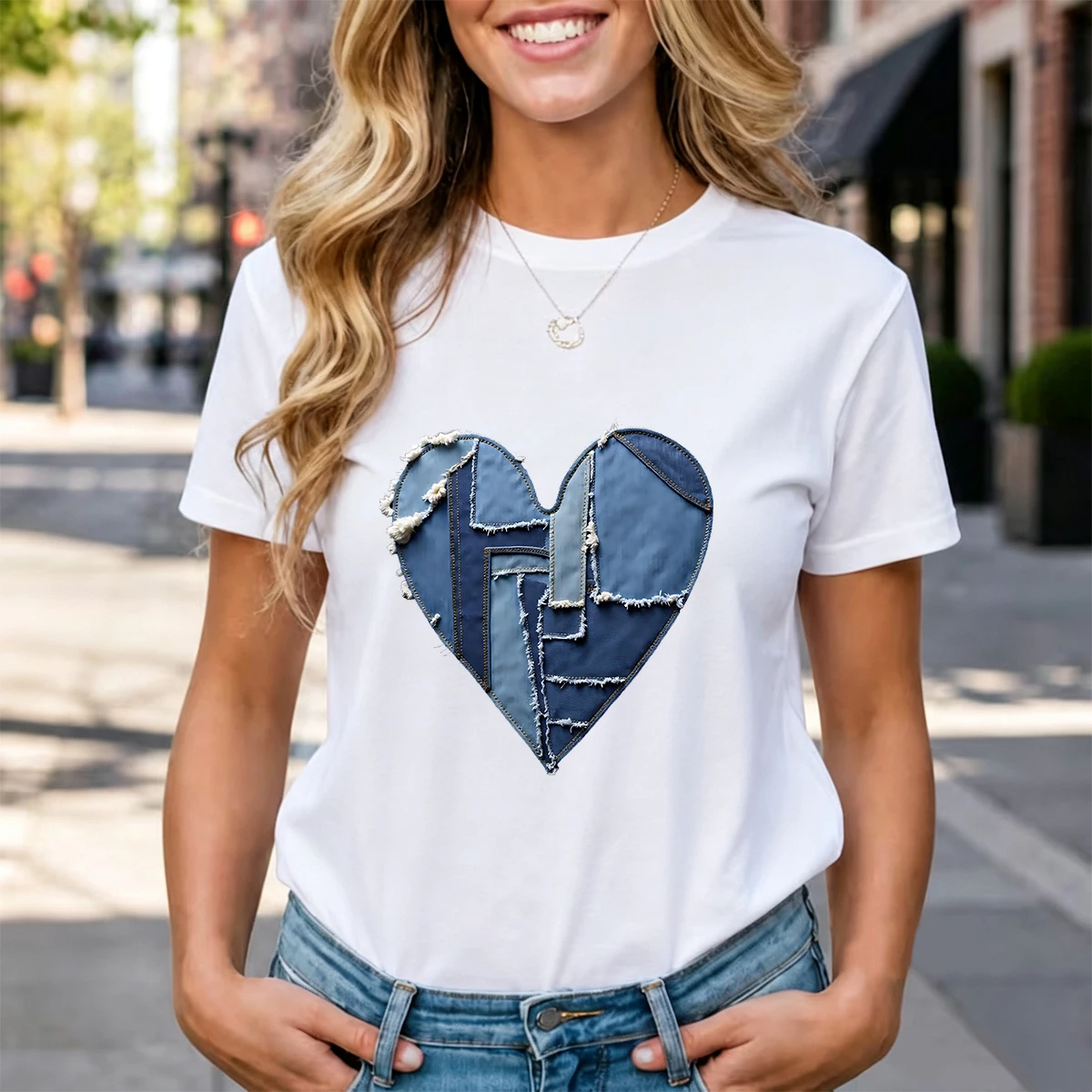 Aliexpress 100% Cotton Soft Comfortable Patchwork Denim Frayed Edge Heart Graphic Loose Fit Casual Classic Women's Crew Neck Short Sleeve T-Shirt For Daily Street Shopping Vacation Outdoor Home Wear - Aliexpress Deal