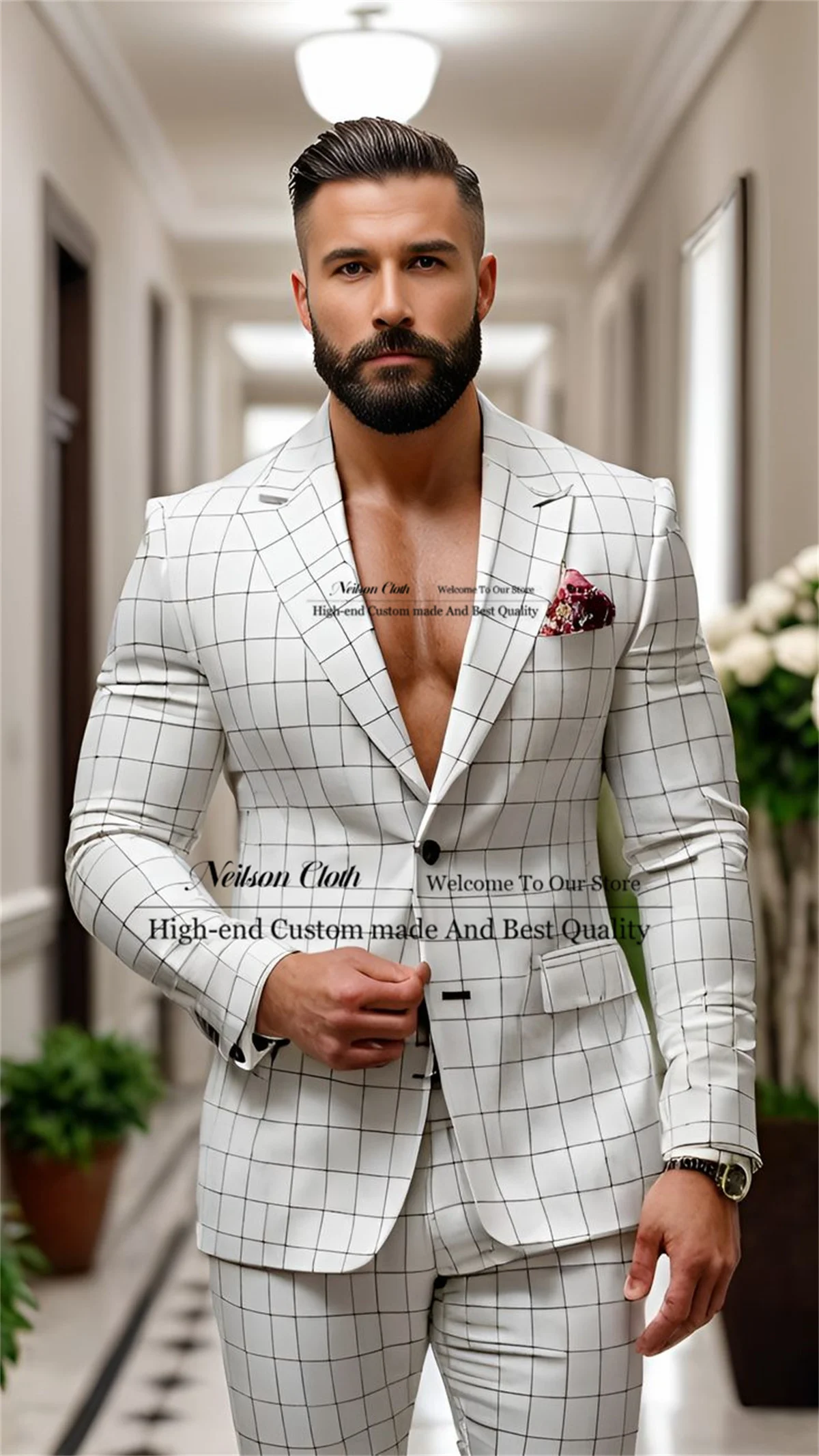 

Fashion White Male Prom Blazers 2 Pieces Sets Peaked Lapel Groom Wedding Tuxedos Customized Plaid Slim Fit Costume Homme