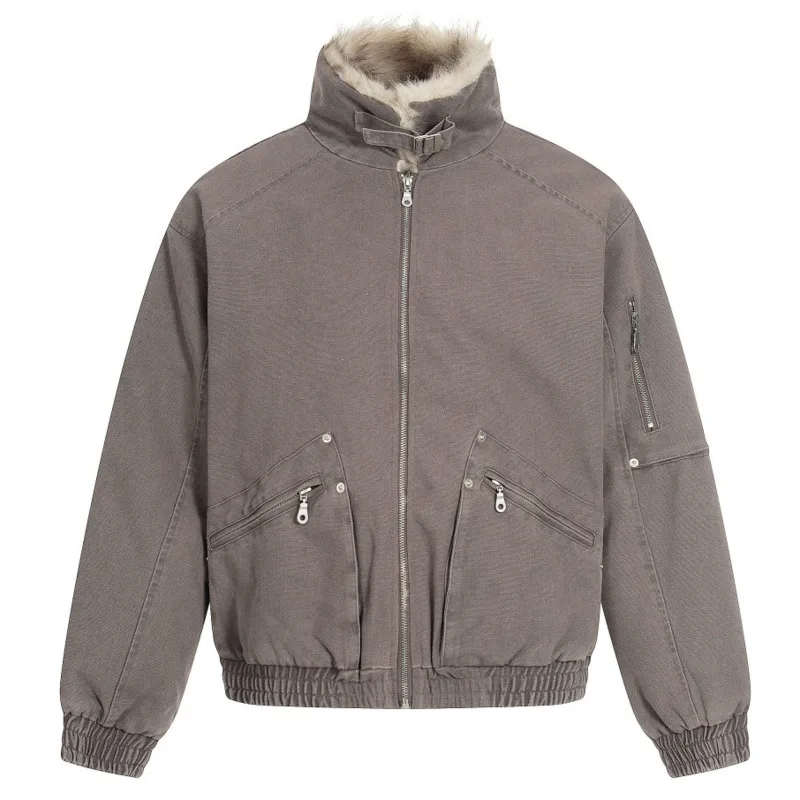 سترة رجالية عصرية متعددة الاستخدامات فضفاضة بجيب كبير وسحاب وتصميم سميك من القطن معطف فاسق بياقة نصف ارتفاع وسترة عمل #4