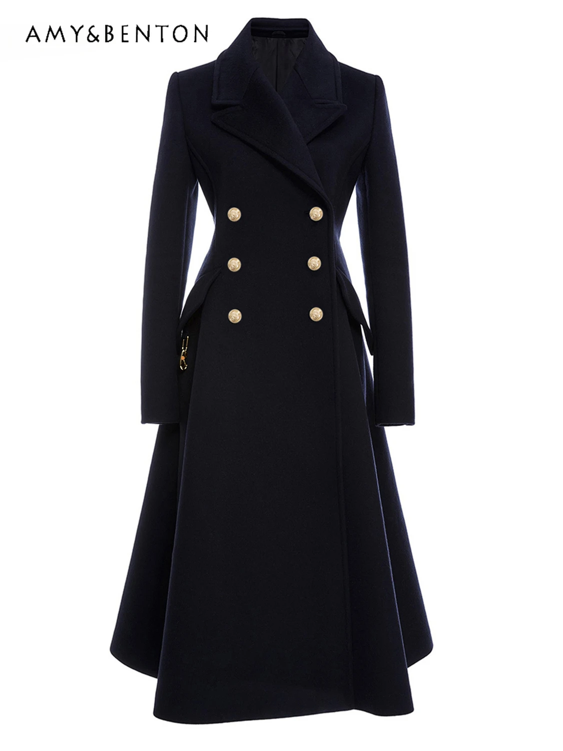 

British Style Retro Black Midi Wool Coat Female 2023 Winter New Business Suit Coats Thicken Slim Fit A-line Jackets for Women