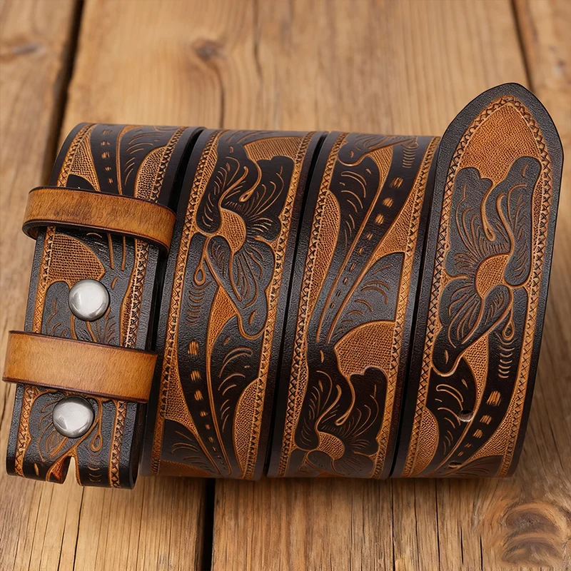 Męski zestaw prezentowy: pasek ze skóry bydlęcej drugiej warstwy bez klamry, kompatybilny z klamrami na szpilkę, czarno-brązowy z nadrukowanym wzorem, do jeansów.