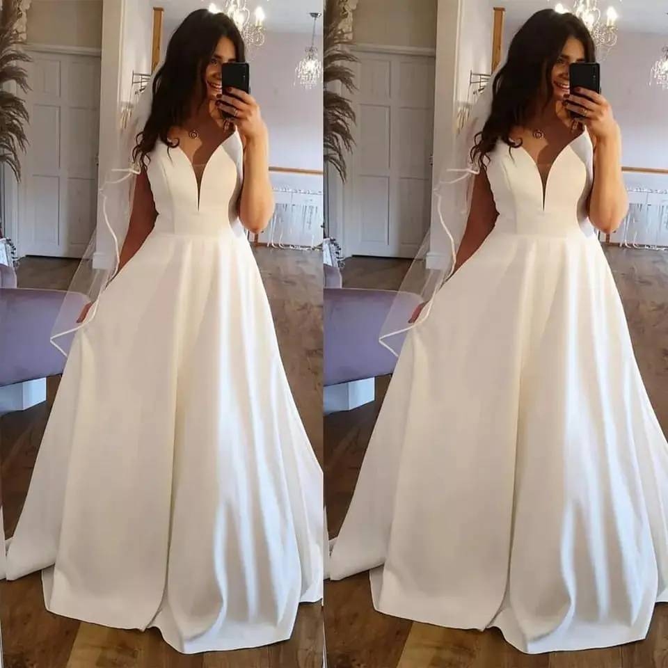 새틴 A라인 신부용 프롬 드레스, V넥 포켓 프롬 드레스, 심플 롱 볼 가운 이브닝 드레스