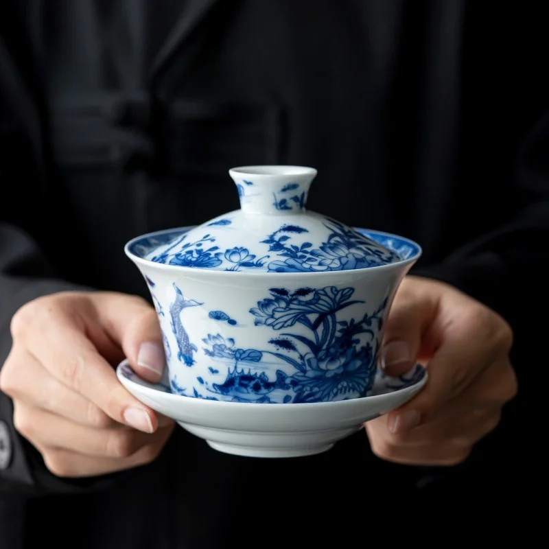 Extra‑Large Antique‑Style Green Sancai Gaiwan Eight‑Treasure Tea Single Kung‑fu Tea‑making Bowl With Lid Holiday Gift