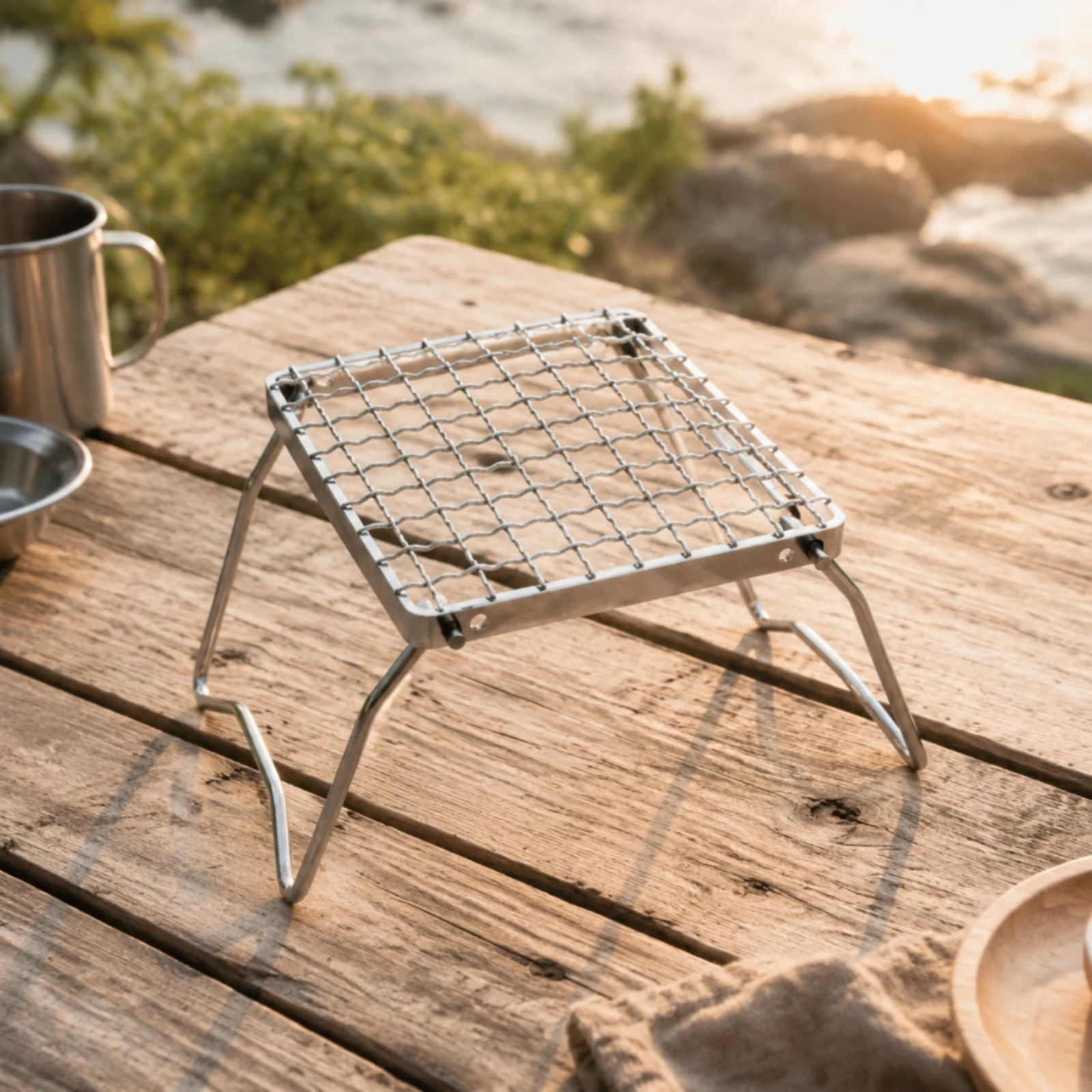 Portable Stainless Steel Grill Food-Touch-Safe Safe Folding Wire-Grid Cooking Grate Square Outdoor Cooking Grid Easy to Clean