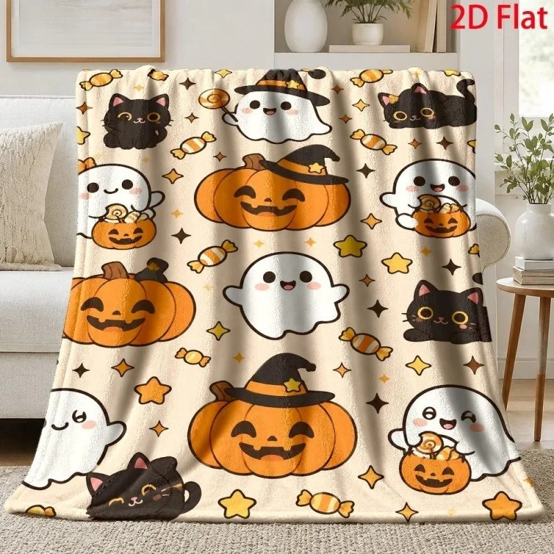 Cream Halloween Black Cat Ghost Pumpkin Flannel Throw Blanket,Bat Candy Star Witch Hat Print Soft Warm Blanket for Home Decor