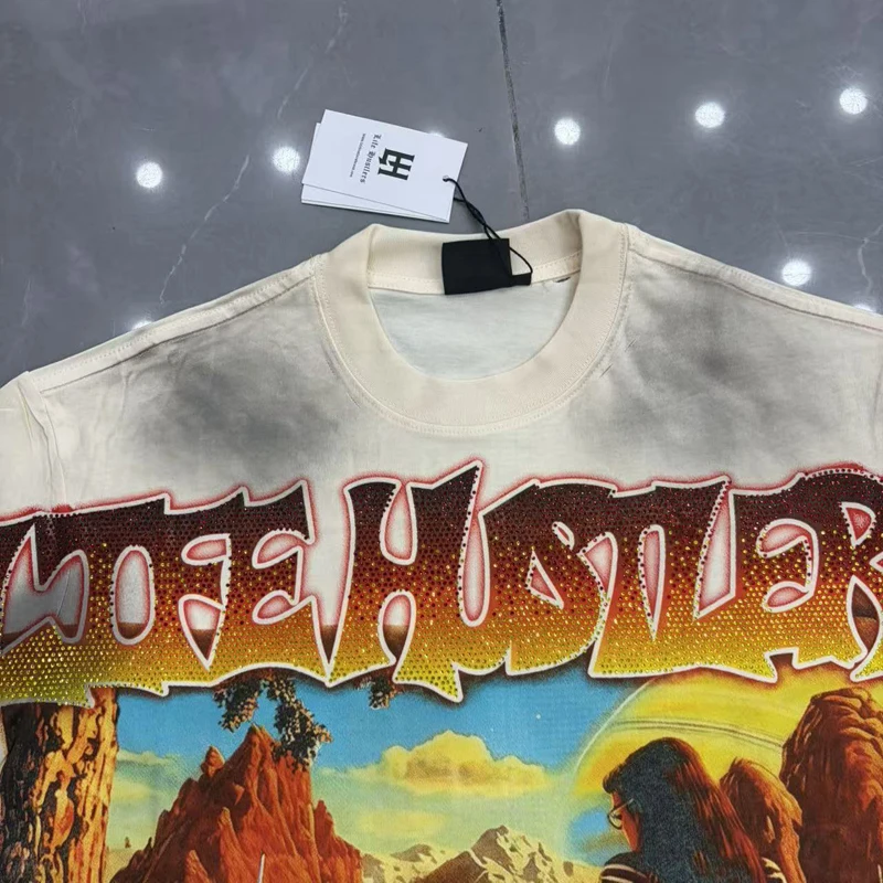 Heavy Duty Vintage Distressed Washed Worn Life Hustlers Tshirts Mountain Robot Academy Rhinestone Letter Short Sleeve Men Women