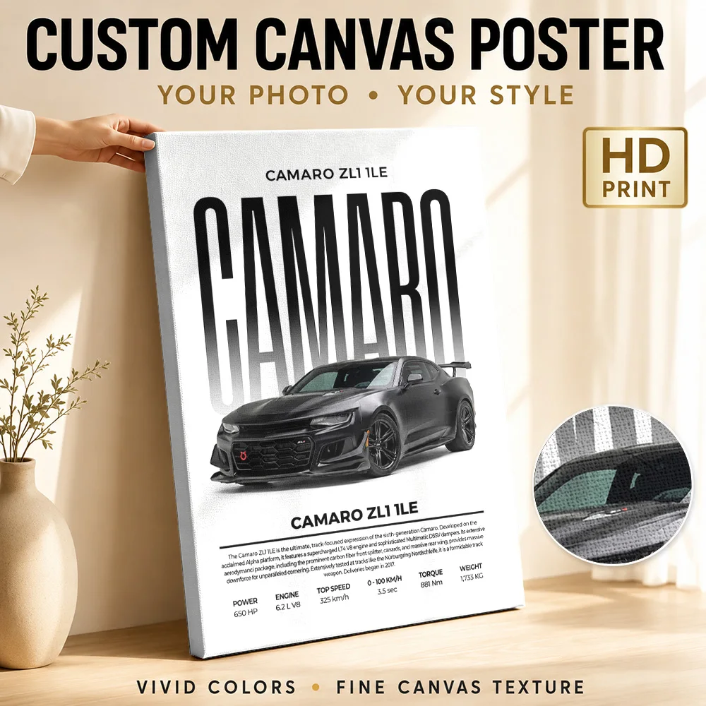 Minimalist Black American Camaro ZL1 1LE Canvas Print Poster Customized Photo Gallery Style Man Cave Wall Paintings Decoration
