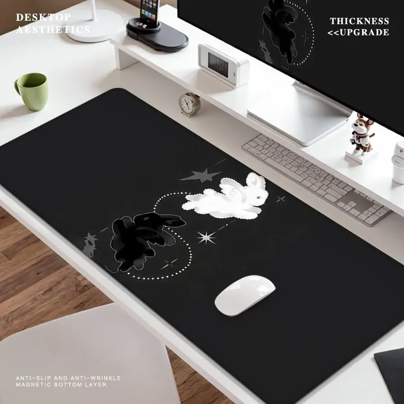Ins Black and White Angel Rabbit Cute XXL Rubber Mouse Pad | Large Cartoon Non-Slip Desk Mat for Dorm Office Gaming Keyboard