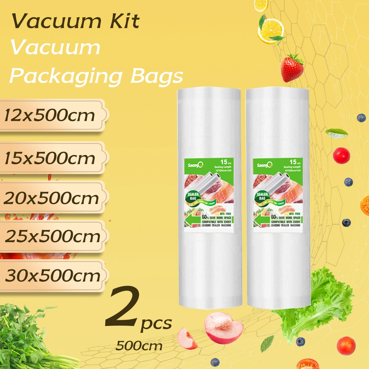 2 Rolls of 500cm Long Textured Roll Bags, Vacuum Compression Bags, Food Vacuum Packaging Roll Bags, 2 Packs